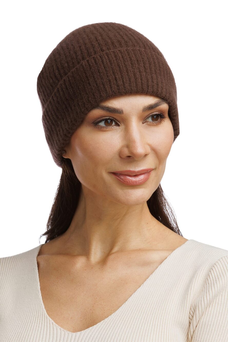 3040 100% Cashmere Beanie; Ribbed Knit Design with Adjustable Rolled Cuff